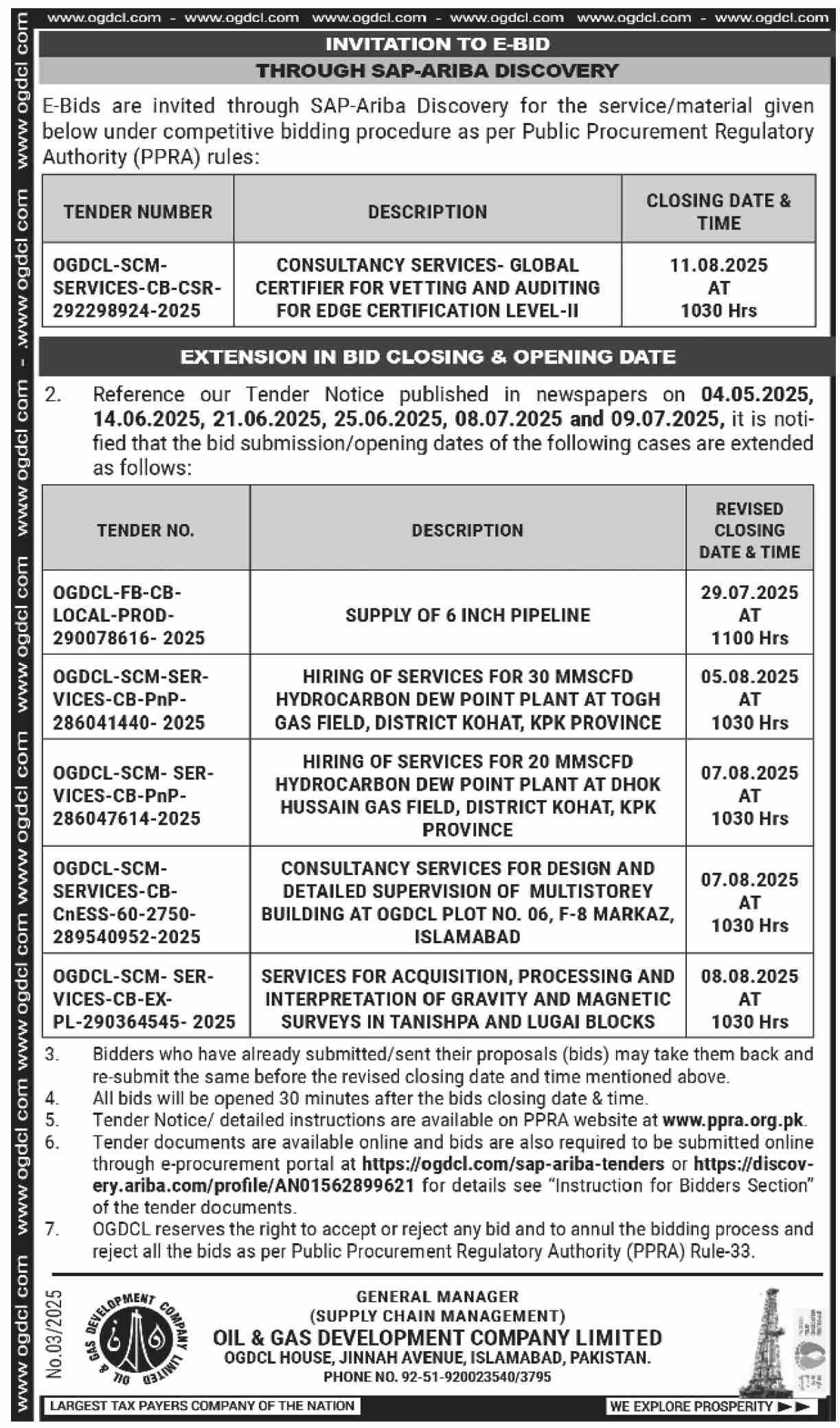 Oil & Gas Development Company Limited Islamabad Tender Notice-1